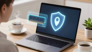 Футуристичный ноутбук с голограммами апгрейда для оптимизации ноутбука для удаленной работы в 2026 году