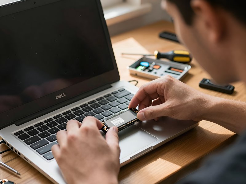 Мастер устанавливает SSD в ноутбук, выполняя сервисное обслуживание компьютеров в Саратове
